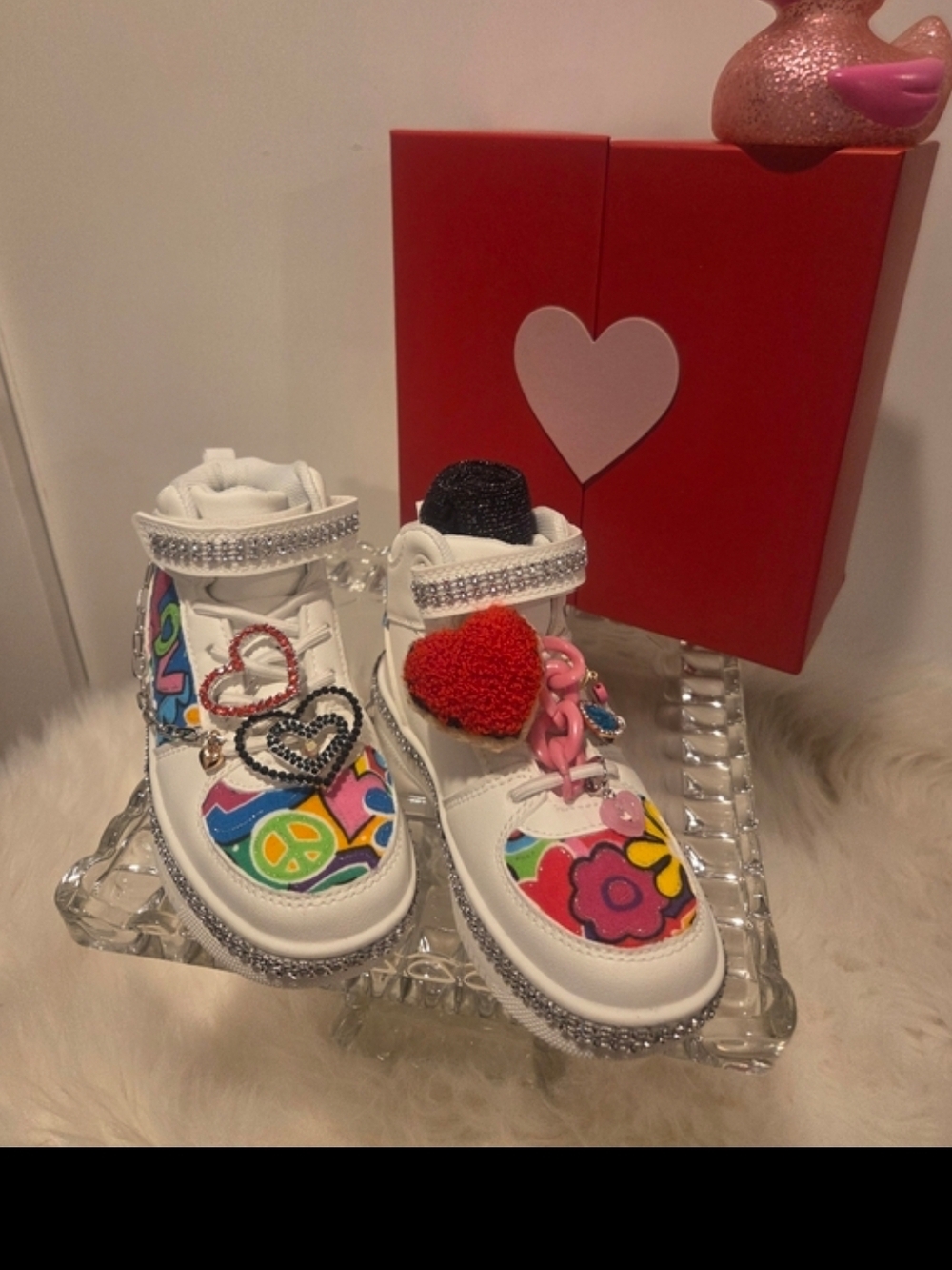 Kids White Sneakers with Colorful Floral & Peace Sign Accents